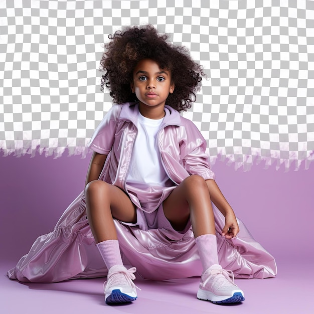 A defensive child girl with kinky hair from the southeast asian ethnicity dressed in running marathons attire poses in a full length with a prop like a chair style against a pastel mauve bac