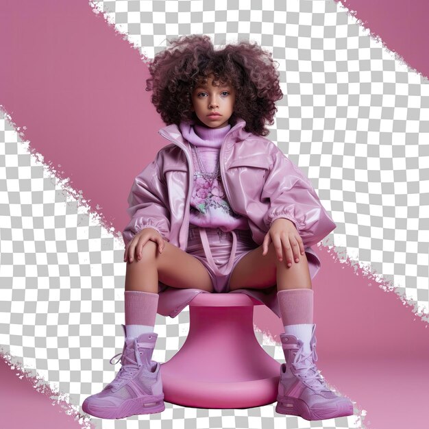 PSD a defensive child girl with kinky hair from the southeast asian ethnicity dressed in running marathons attire poses in a full length with a prop like a chair style against a pastel mauve bac