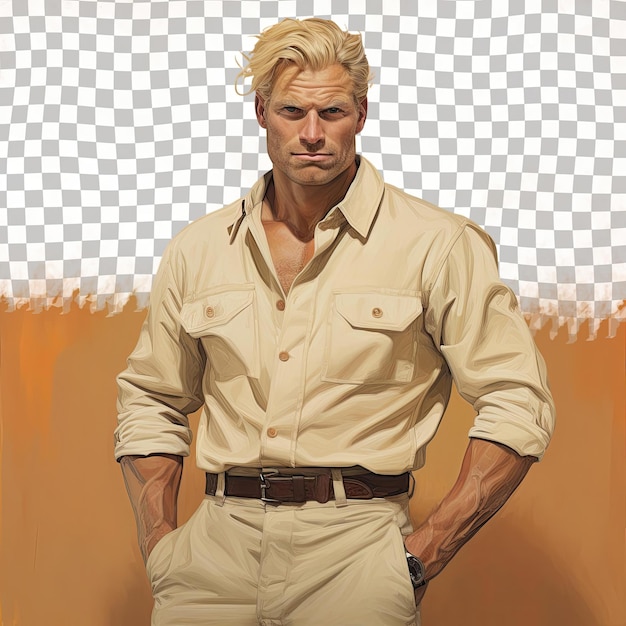 A defensive middle aged man with blonde hair from the aboriginal australian ethnicity dressed in industrial designer attire poses in a one hand on waist style against a pastel cream backgro