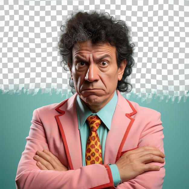 PSD a defensive middle aged man with kinky hair from the native american ethnicity dressed in database administrator attire poses in a close up of hands style against a pastel turquoise backgro