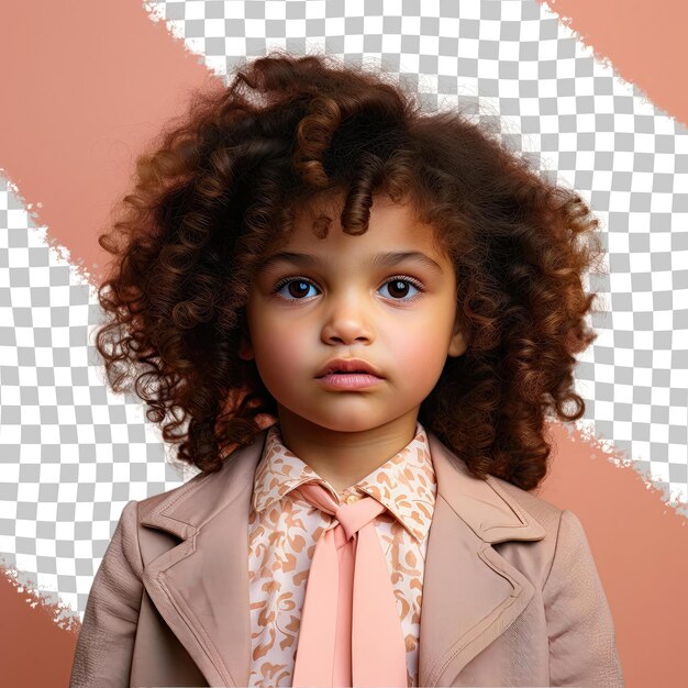 PSD a defensive preschooler girl with curly hair from the pacific islander ethnicity dressed in journalist attire poses in a intense direct gaze style against a pastel coral background