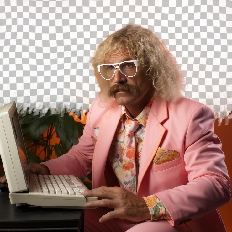 PSD a defensive senior man with blonde hair from the west asian ethnicity dressed in computer programmer attire poses in a one hand on waist style against a pastel coral background