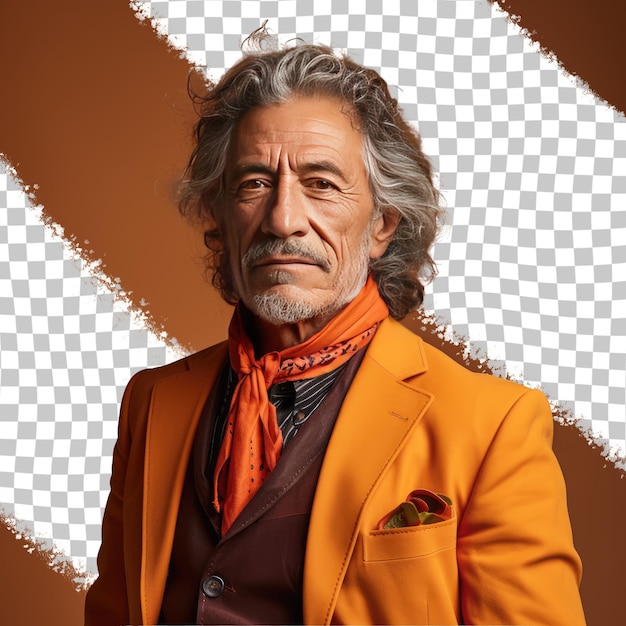PSD a defensive senior man with curly hair from the native american ethnicity dressed in appraiser attire poses in a profile silhouette style against a pastel tangerine background