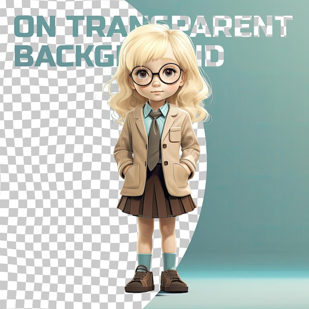 PSD a defensive toddle girl with blonde hair from the asian ethnicity dressed in optician attire poses in a standing with crossed ankles style against a pastel blue background