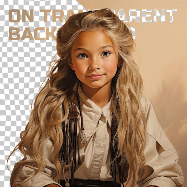 PSD a defensive toddle girl with blonde hair from the native american ethnicity dressed in broadcaster attire poses in a hand brushing through hair style against a pastel beige background