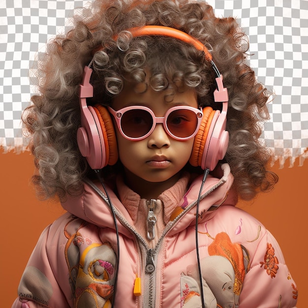A defensive toddle girl with curly hair from the asian ethnicity dressed in listening to music albums attire poses in a back to camera with turned head style against a pastel salmon backgrou