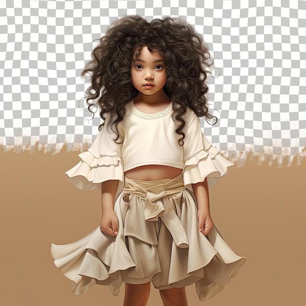 PSD a defensive toddle girl with wavy hair from the mongolic ethnicity dressed in acupuncturist attire poses in a standing with tilted hips style against a pastel beige background