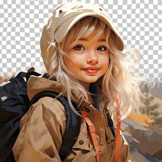 PSD a defensive toddler woman with blonde hair from the mongolic ethnicity dressed in hiking in the mountains attire poses in a casual hair tug style against a pastel cream background