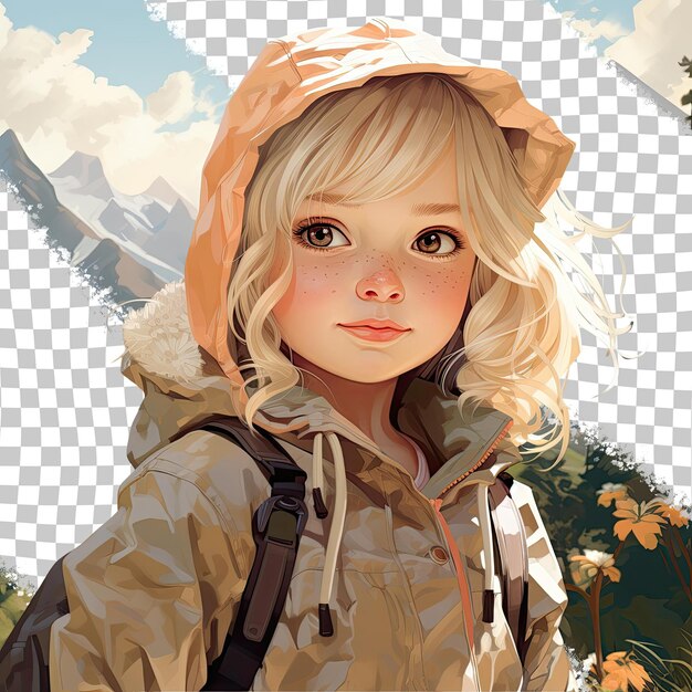 A defensive toddler woman with blonde hair from the mongolic ethnicity dressed in hiking in the mountains attire poses in a casual hair tug style against a pastel cream background