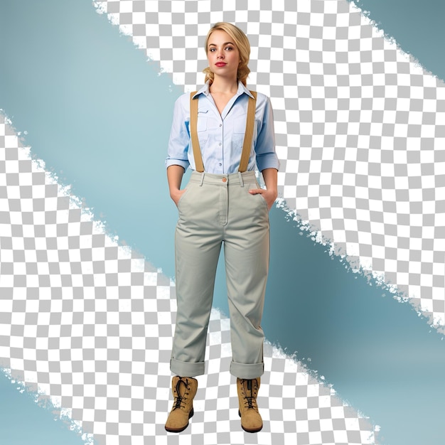 A defensive young adult woman with blonde hair from the southeast asian ethnicity dressed in agricultural engineer attire poses in a standing with one foot forward style against a pastel bl