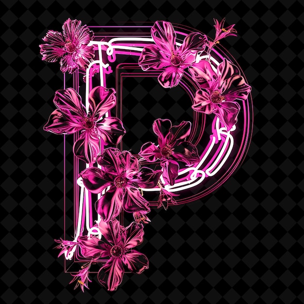 PSD dekoracja litery p z neonowymi oświetlonymi plastikowymi kwiatami z kolorem neonowym kolekcja sztuki kształtowej y2k