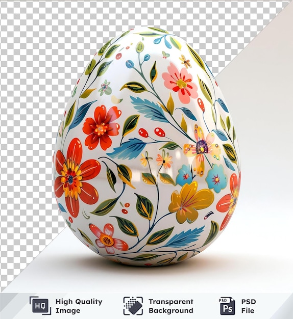 PSD dekoracyjne jajko wielkanocne otoczone kolorowymi kwiatami na przezroczystym tle z białym cieniem