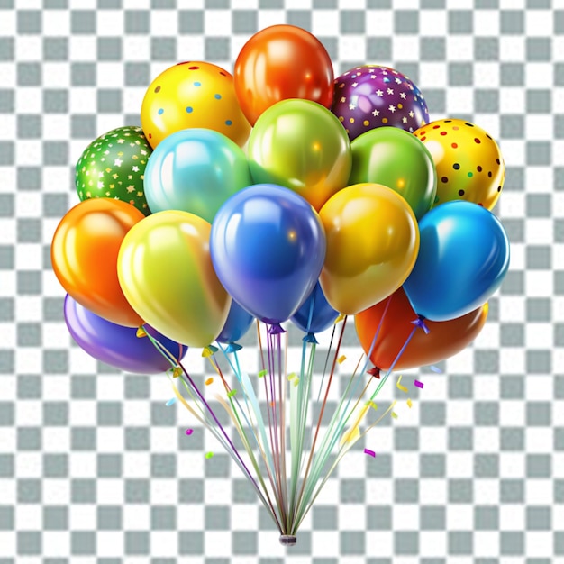 PSD dekoracyjne wielokolorowe balony z kartką z okazji urodzin na przezroczystym tle