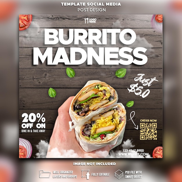 Delecious burrito en food menu instagram en facebook postsjabloon