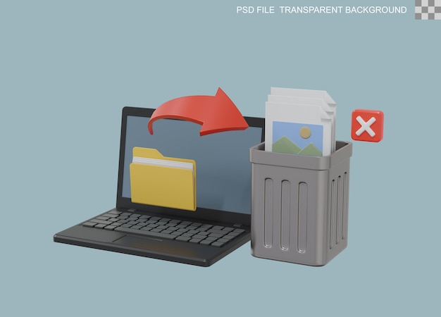 PSD delete files folder on laptop icon minimalism 3d render