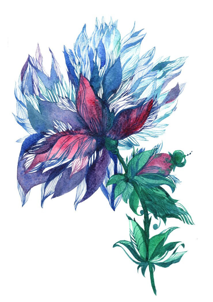 PSD a delicate blue flower with thin petals and a bright vibrant color watercolor hand made