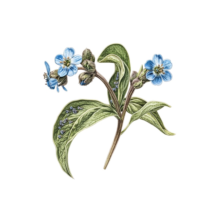 PSD деликатные голубые forgetmenots с зелеными листьями