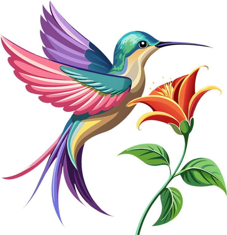 PSD delicate hummingbird hovers near vibrant flower