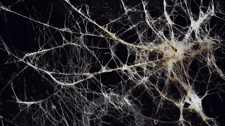 PSD delicate spider webs intricately woven against a dark background in a transparent view