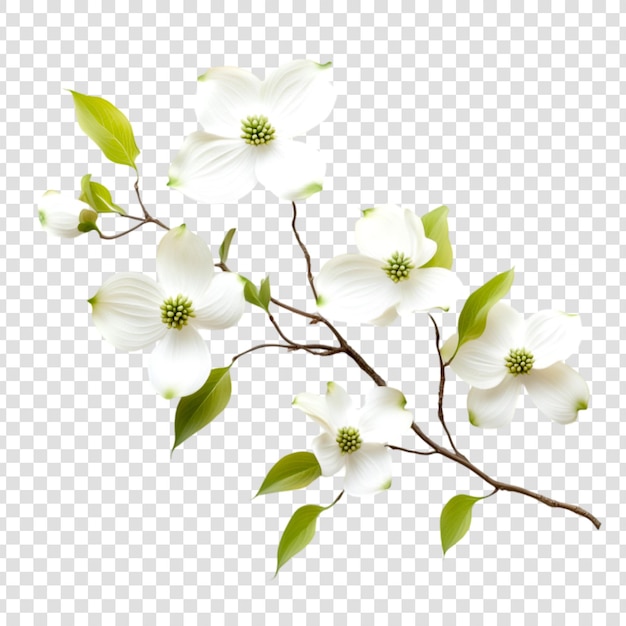 Delicate tak van witte dogwood bloeit op een doorzichtige achtergrond