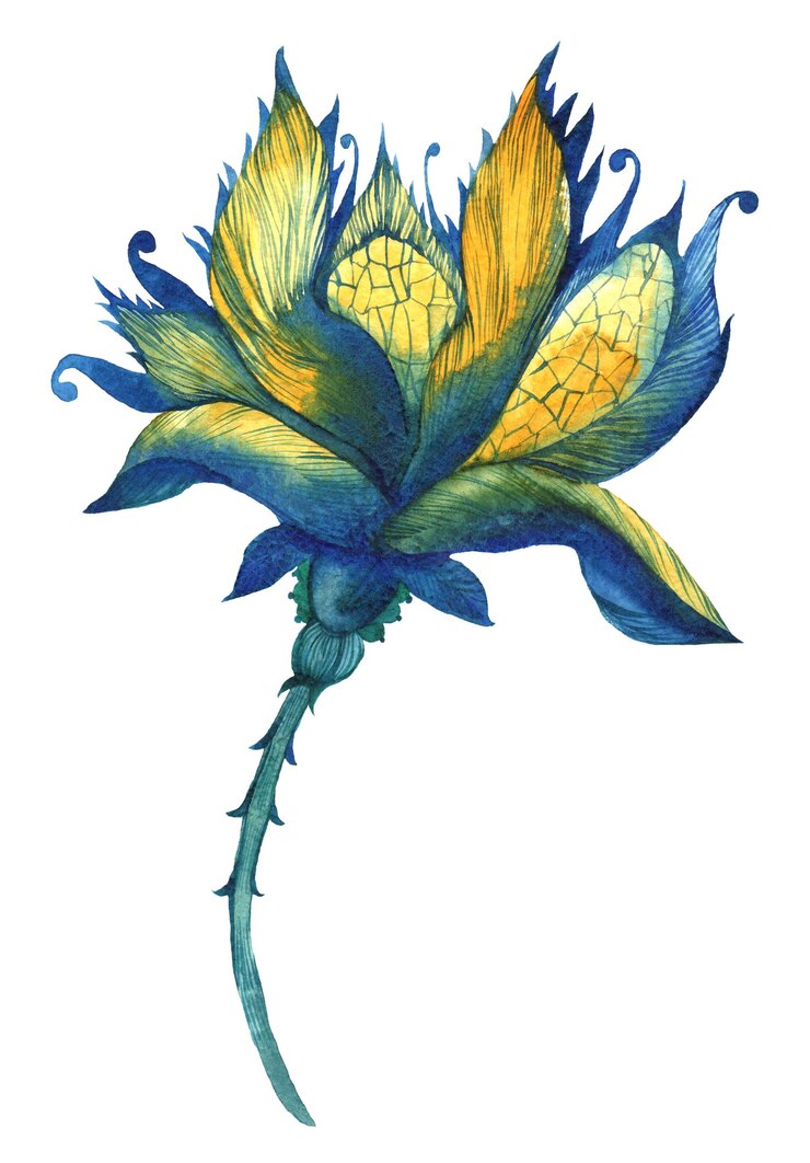 PSD a delicate water fictional flower with soft translucent petals in pale blue and yellow amazing print