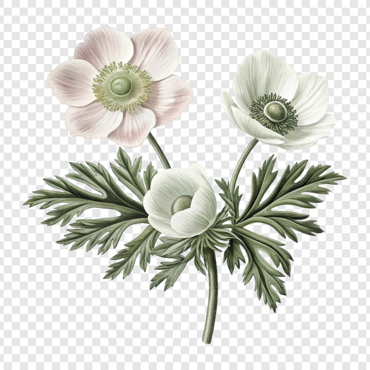 PSD delicate white anemones with intricate detail