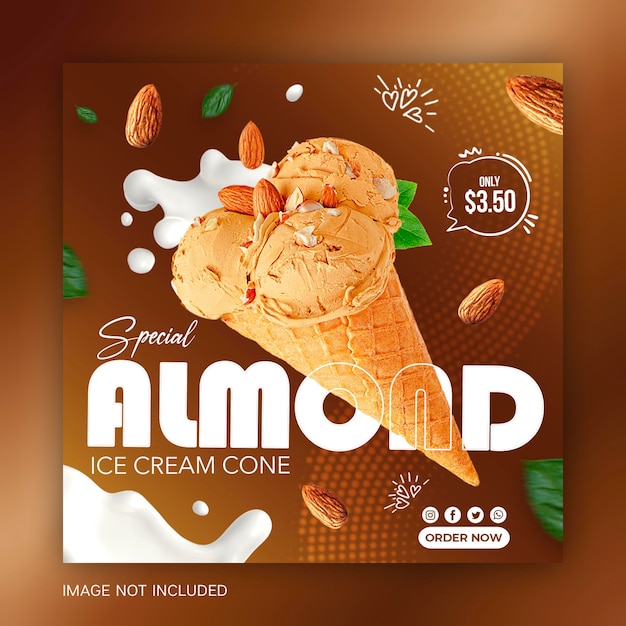 Delicious almond chocolate ice cream cone social media template Instagram post design