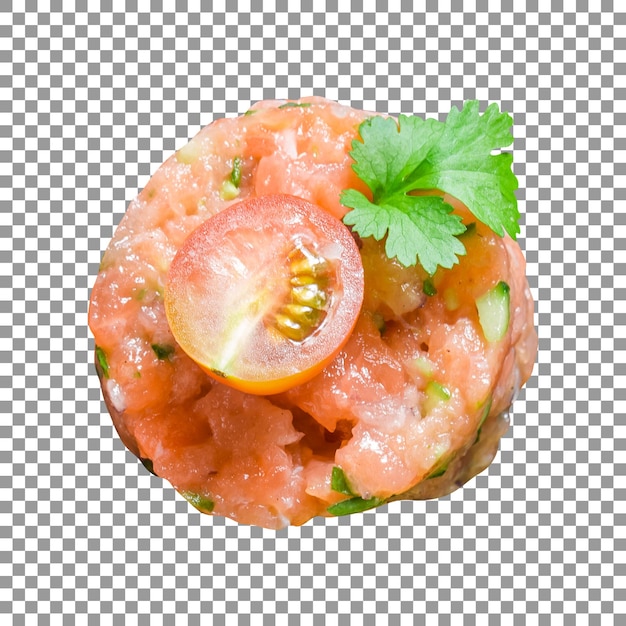 PSD Вкусный и вкусный тартар из лосося с ломтиком помидора на прозрачном фоне