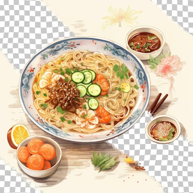 PSD delicious asian dishes made from white noodles displayed on a transparent background