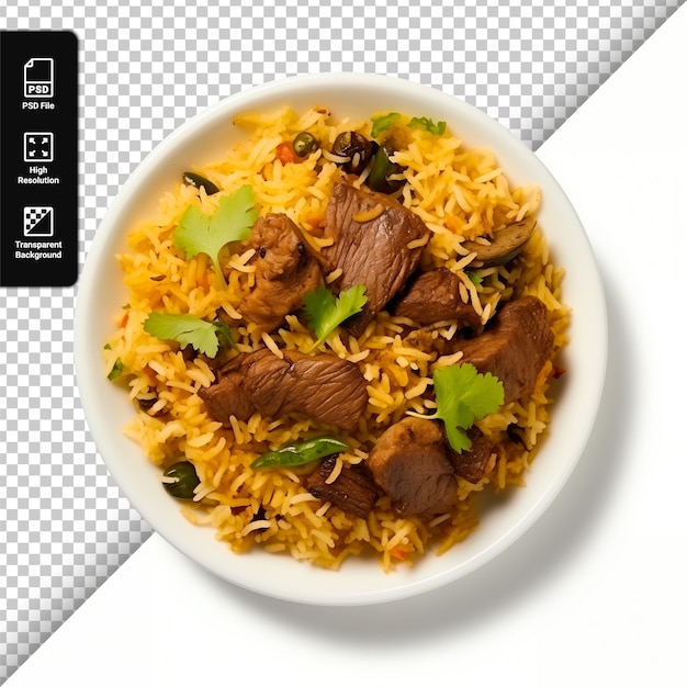 Delicious asian pilaf on a white plate isolated on a transparent background