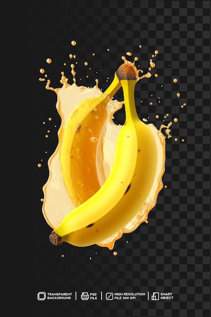 PSD delicious banana splash with yellow liquid on transparent isolated background
