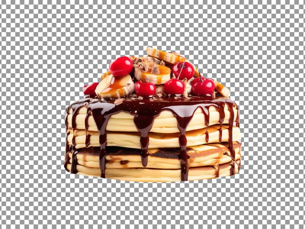 Delicious banana split pancakes stack isolated on transparent background