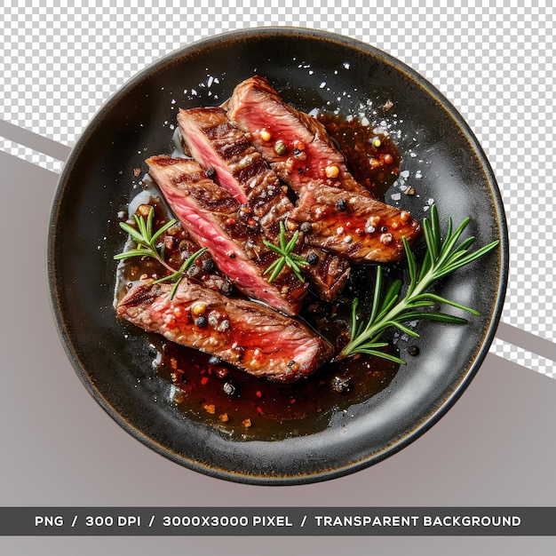 PSD delicious beef grill steak in black plate top view transparent background