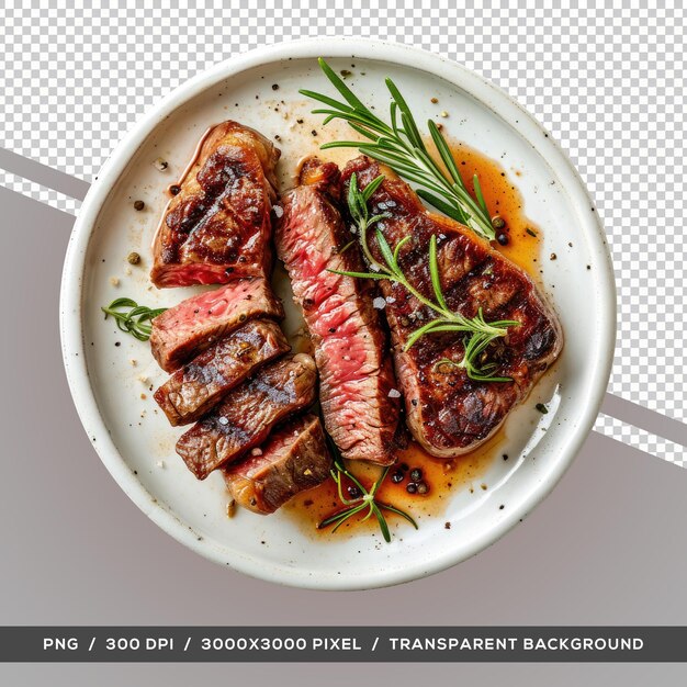 PSD delicious beef grill steak in black plate top view transparent background