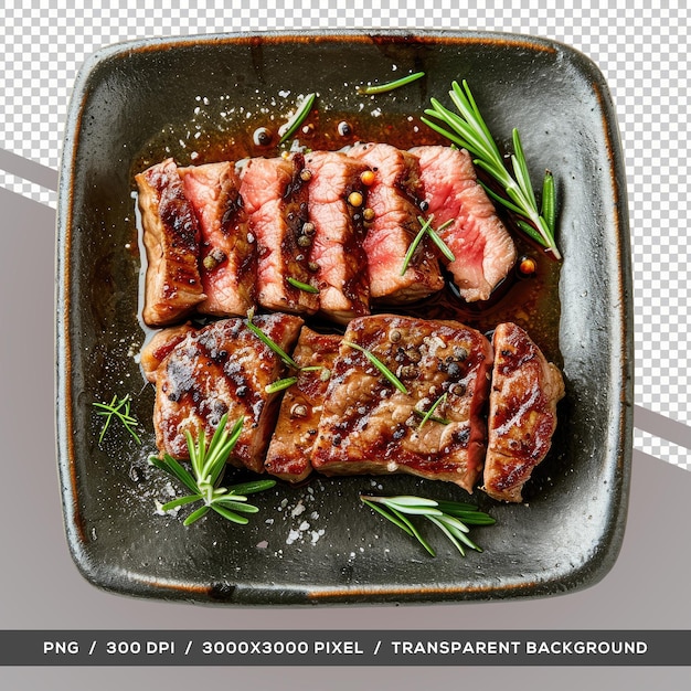 PSD delicious beef grill steak in black plate top view transparent background