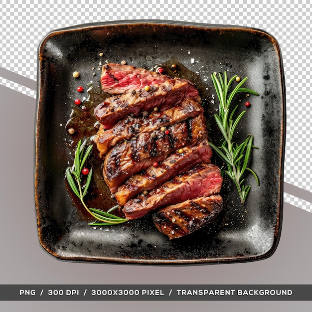 PSD delicious beef grill steak in black plate top view transparent background