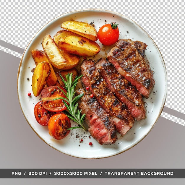 Delicious beef grill steak met tomaten en aardappelen top view transparante achtergrond