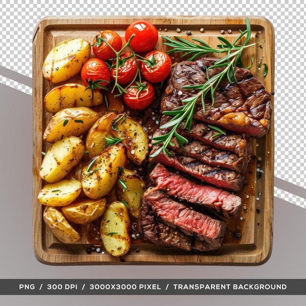 Delicious beef grill steak met tomaten en aardappelen top view transparante achtergrond