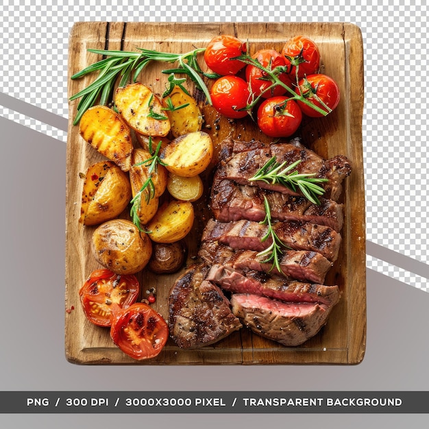 Delicious beef grill steak with tomato and potatoes top view transparent background