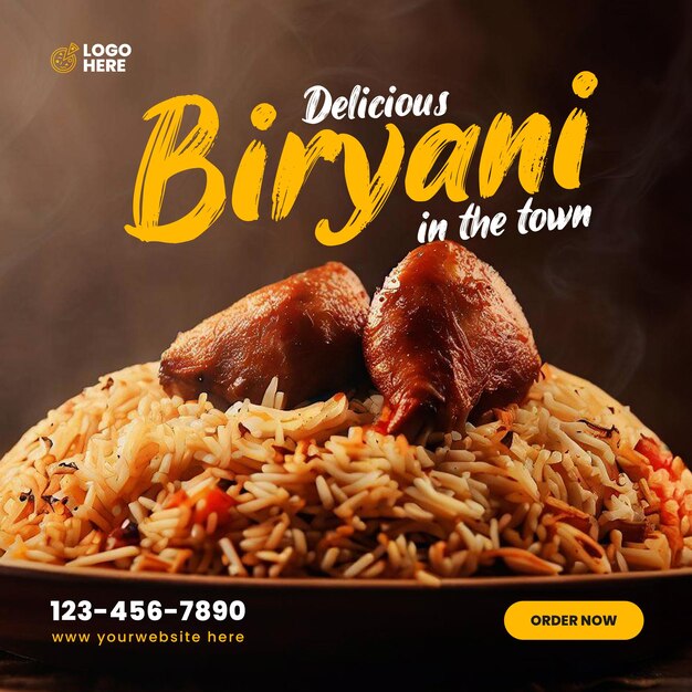 PSD delicious biryani with chicken and rice asian food social media template