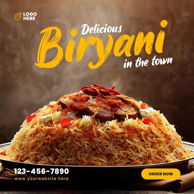 PSD delicious biryani with chicken and rice asian food social media template