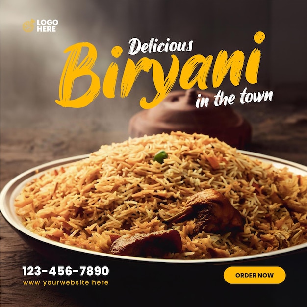 PSD delizioso biryani con pollo e riso modello di social media per cibo asiatico