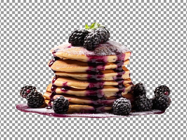 Delicious blackberry pancakes stack isolated on transparent background