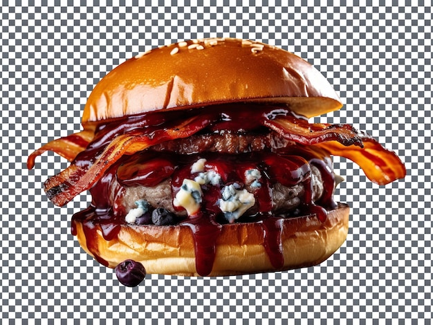 PSD delicious blueberry bbq bacon burger isolated on transparent background