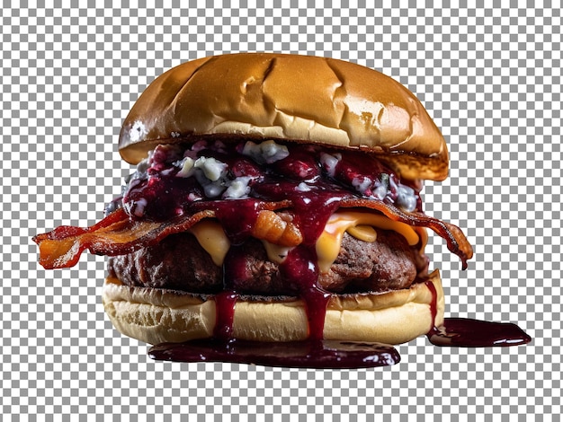 Delicious blueberry bbq bacon burger on transparent background