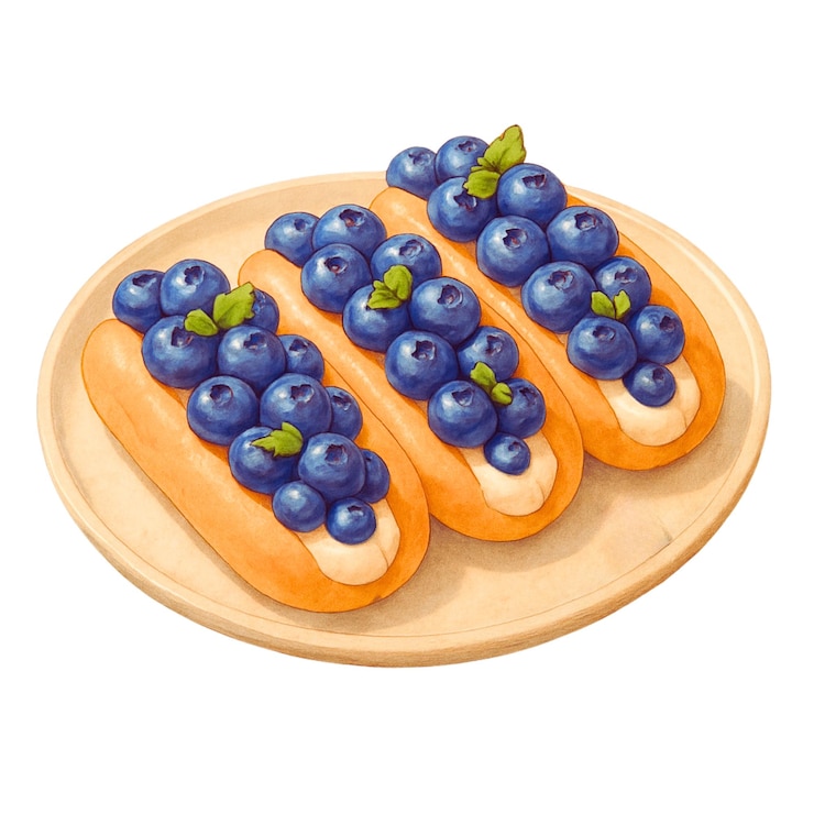 PSD delicious blueberry eclairs on a wooden plate