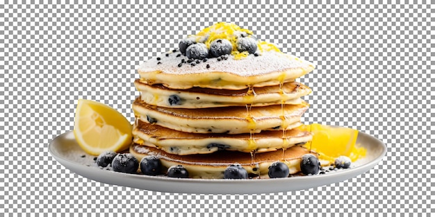 Delicious blueberry lemon poppy seeds pancakes stack isolated on transparent background