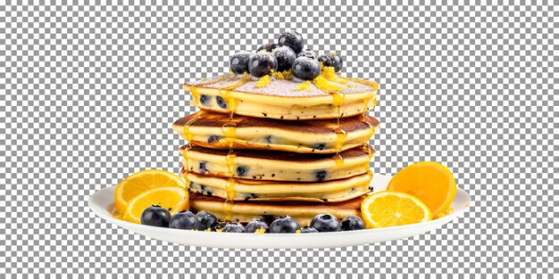 Delicious blueberry lemon poppy seeds pancakes stack isolated on transparent background