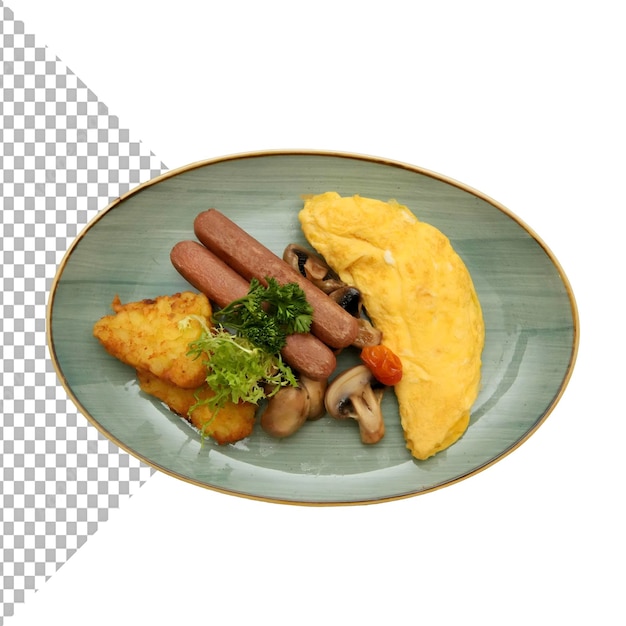 オムレットソーセージ,ハッシュブラウン,キノコの美味しい朝食