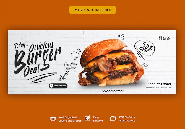 맛있는 햄버거와 음식 메뉴 페이스 북 표지 템플릿